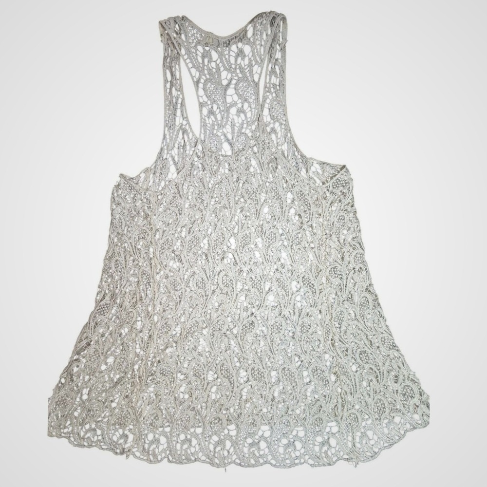 Solitaire Womens White Cotton Crochet Lace Racerback Tank Top Sheer Boho Medium - Picture 1 of 4
